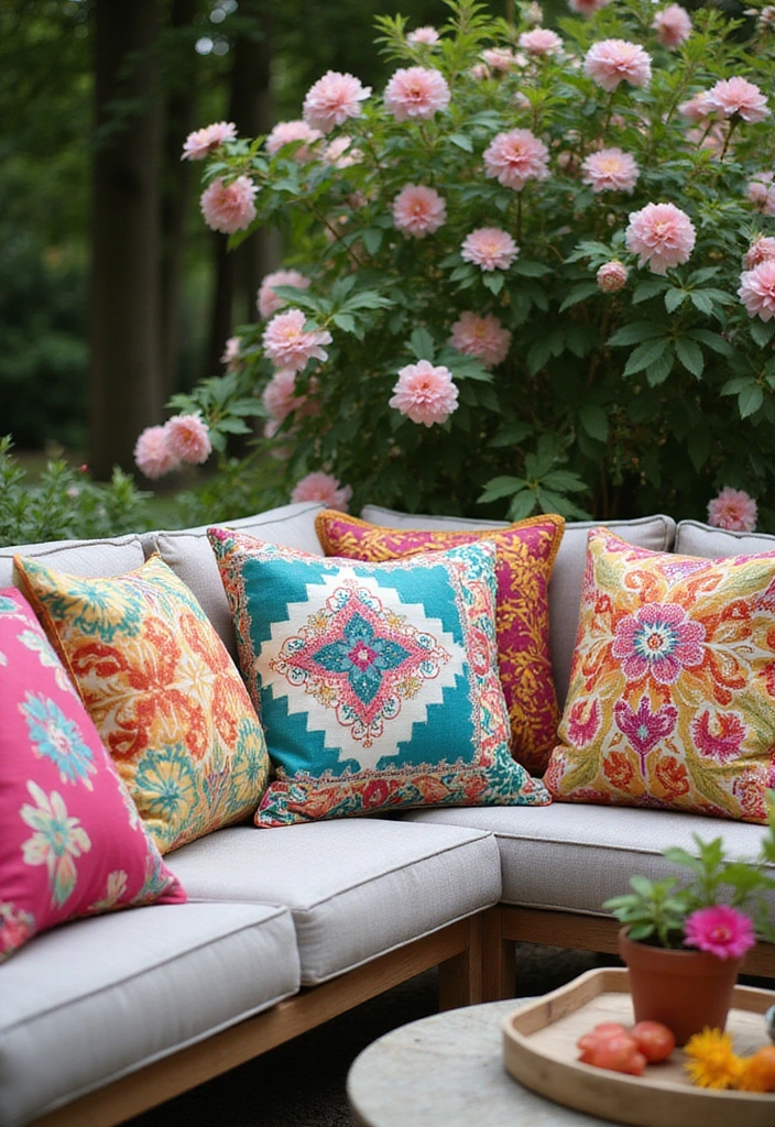 18 Vibrant Garden Decor Ideas That Will Make Your Backyard a Summer Paradise! - 14. Eclectic Garden Furniture Cushions